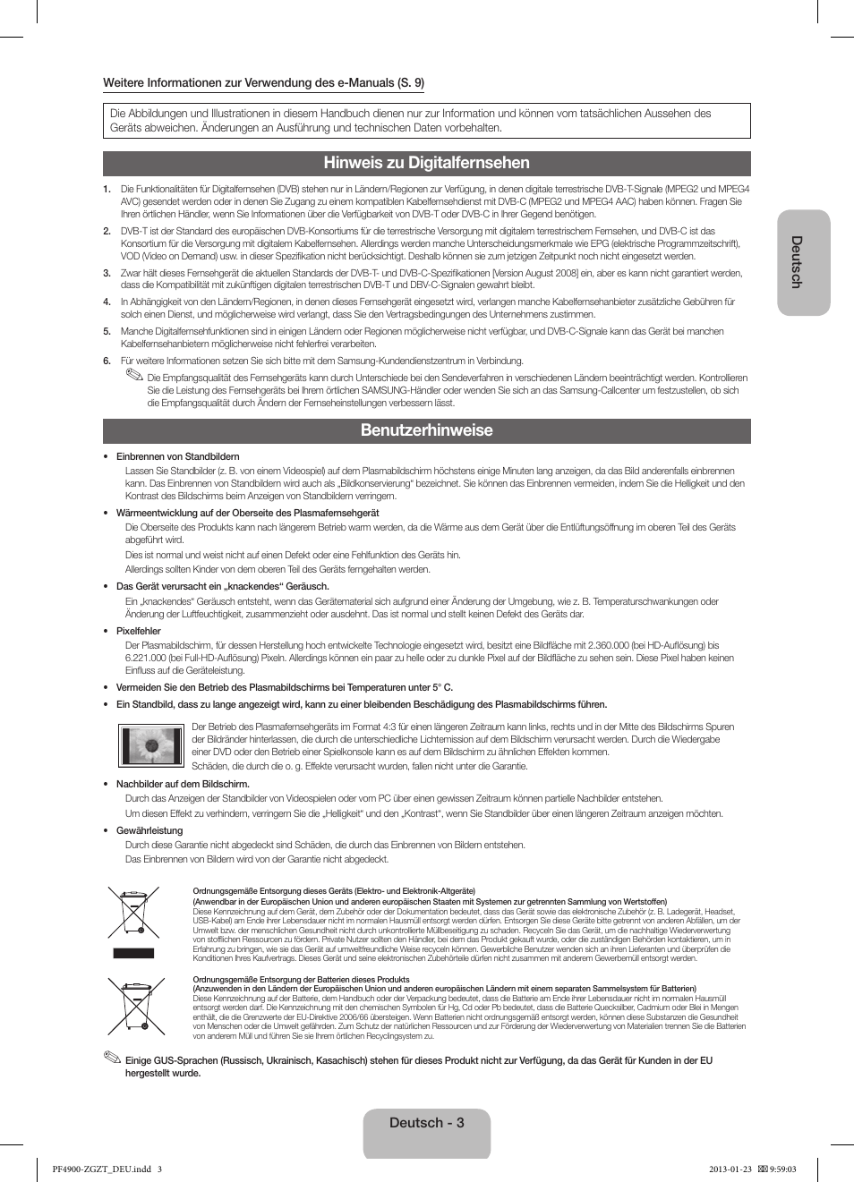 Hinweis zu digitalfernsehen, Benutzerhinweise | Samsung PS51F4900AK User Manual | Page 23 / 83