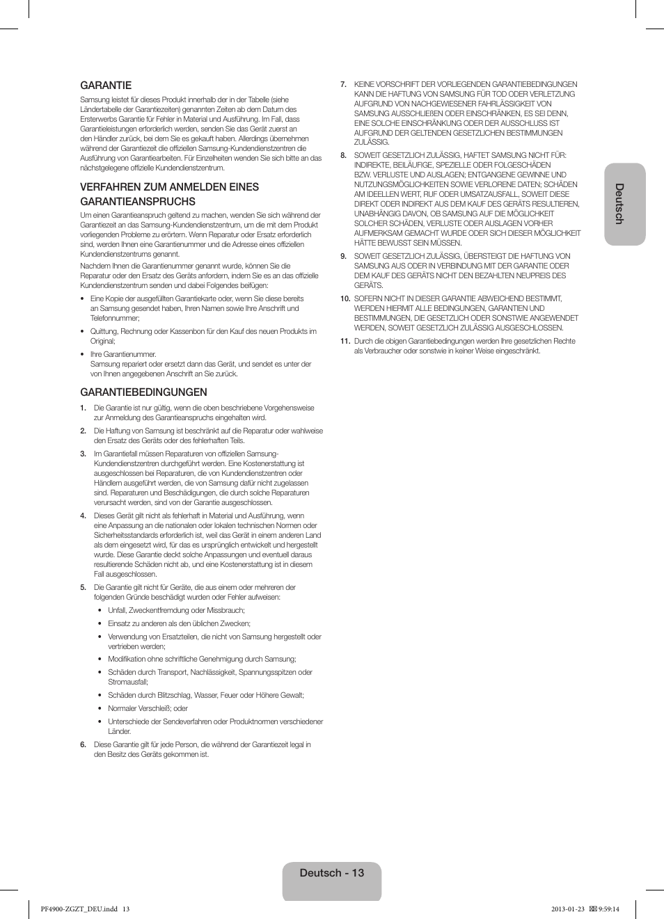 Deutsch garantie, Verfahren zum anmelden eines garantieanspruchs, Garantiebedingungen | Deutsch - 13 | Samsung PS51F4900AK User Manual | Page 33 / 83