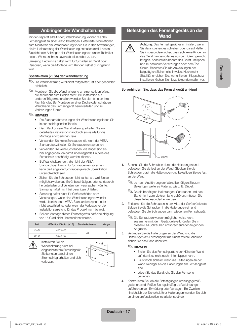 Anbringen der wandhalterung, Befestigen des fernsehgeräts an der wand | Samsung PS51F4900AK User Manual | Page 37 / 83