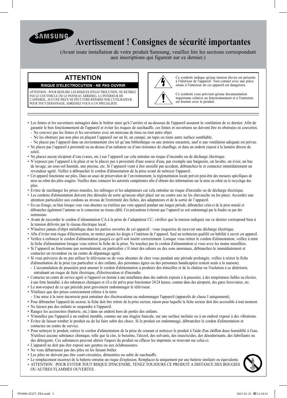 Avertissement ! consignes de sécurité importantes, Attention | Samsung PS51F4900AK User Manual | Page 42 / 83