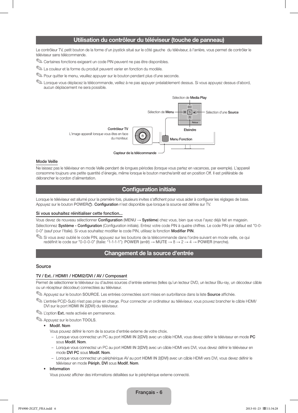 Configuration initiale, Changement de la source d'entrée | Samsung PS51F4900AK User Manual | Page 46 / 83