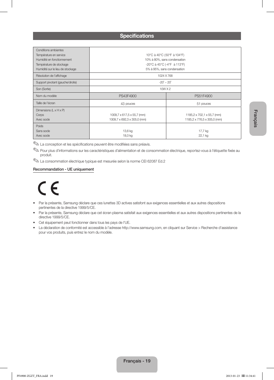 Specifications | Samsung PS51F4900AK User Manual | Page 59 / 83