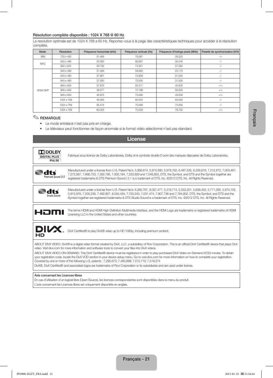 License, Français, Français - 21 | Samsung PS51F4900AK User Manual | Page 61 / 83