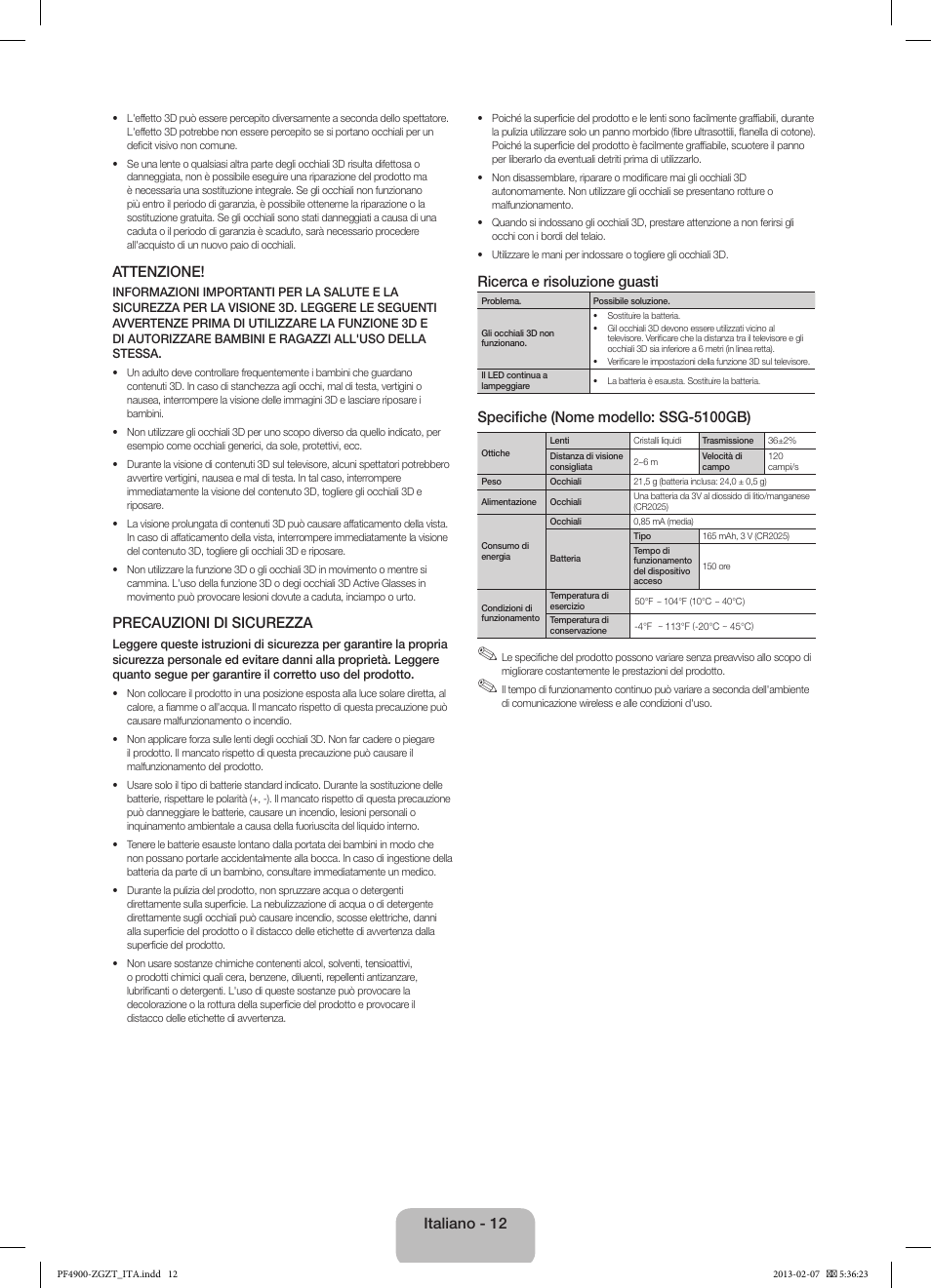 Attenzione, Precauzioni di sicurezza, Ricerca e risoluzione guasti | Specifiche (nome modello: ssg-5100gb), Italiano - 12 | Samsung PS51F4900AK User Manual | Page 72 / 83