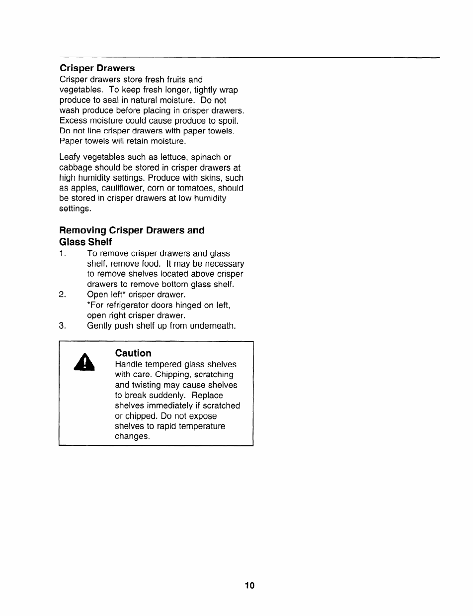 Crisper drawers, Removing crisper drawers and glass shelf, Caution | Amana "R" Series User Manual | Page 10 / 28