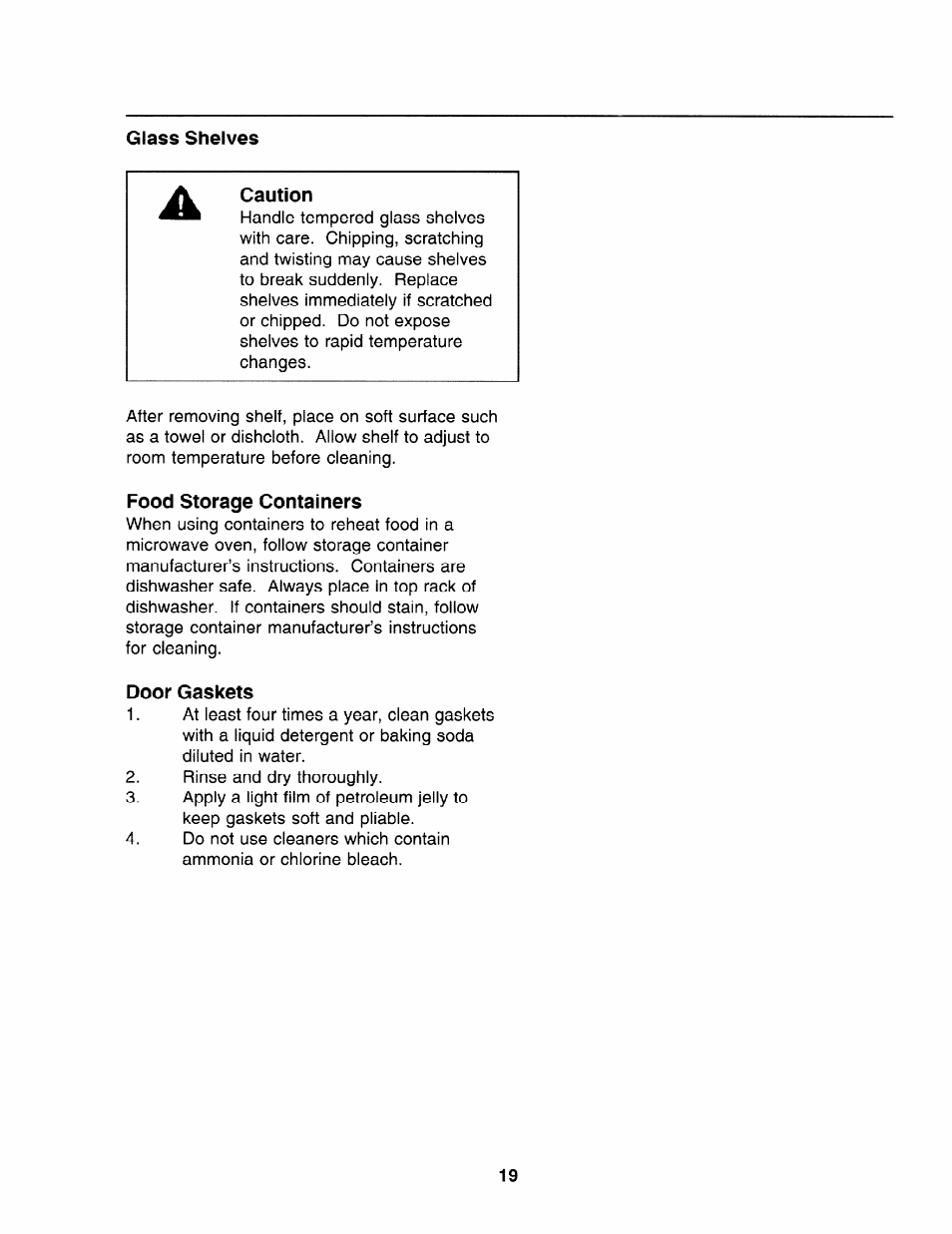 Glass shelves, Caution, Food storage containers | Door gaskets | Amana "R" Series User Manual | Page 19 / 28