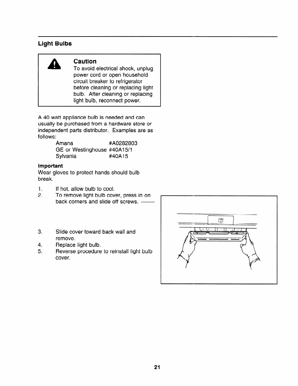 Light bulbs, Caution | Amana "R" Series User Manual | Page 21 / 28