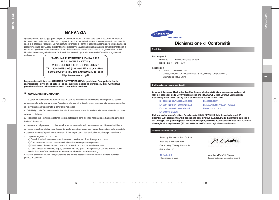 Dichiarazione di conformità, Garanzia | Samsung SMT-T5040 User Manual | Page 22 / 53