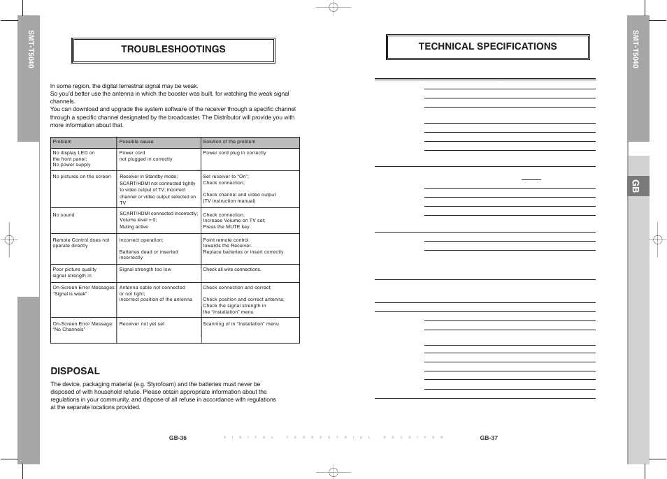 Troubleshootings, Disposal, Technical specifications | Samsung SMT-T5040 User Manual | Page 42 / 53