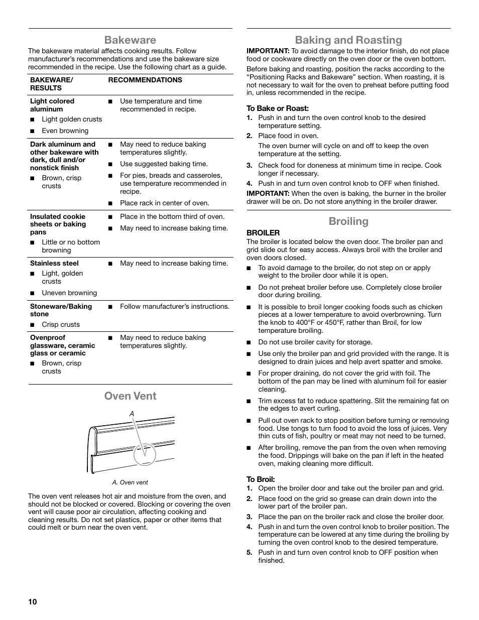 Bakeware, Oven vent, Baking and roasting | Broiling | Amana Gas Range W10531343A User Manual | Page 10 / 16