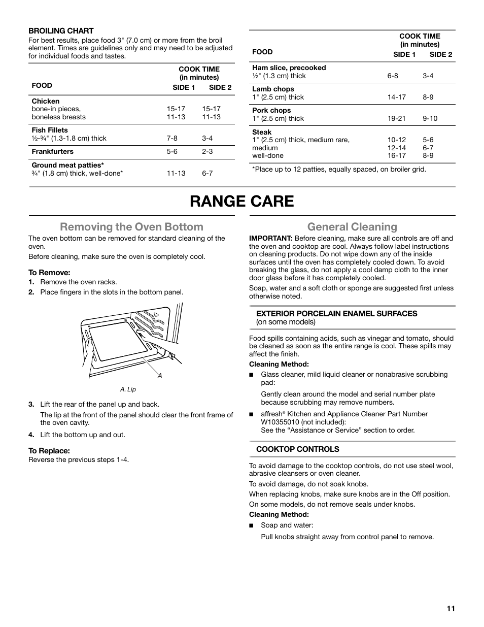Range care, Removing the oven bottom, General cleaning | Amana Gas Range W10531343A User Manual | Page 11 / 16