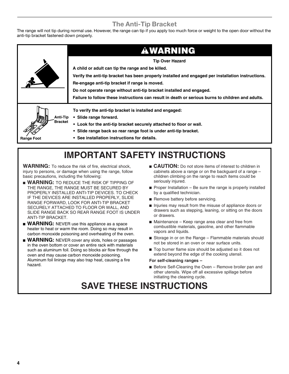 Warning, The anti-tip bracket | Amana Gas Range W10531343A User Manual | Page 4 / 16
