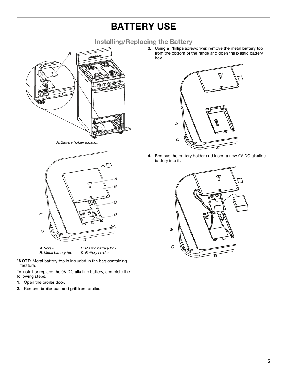 Battery use, Installing/replacing the battery | Amana Gas Range W10531343A User Manual | Page 5 / 16