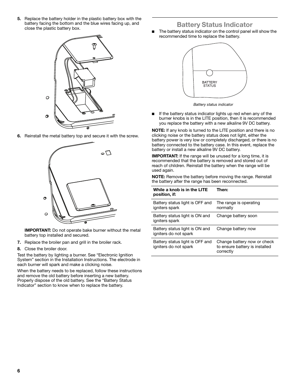 Battery status indicator | Amana Gas Range W10531343A User Manual | Page 6 / 16