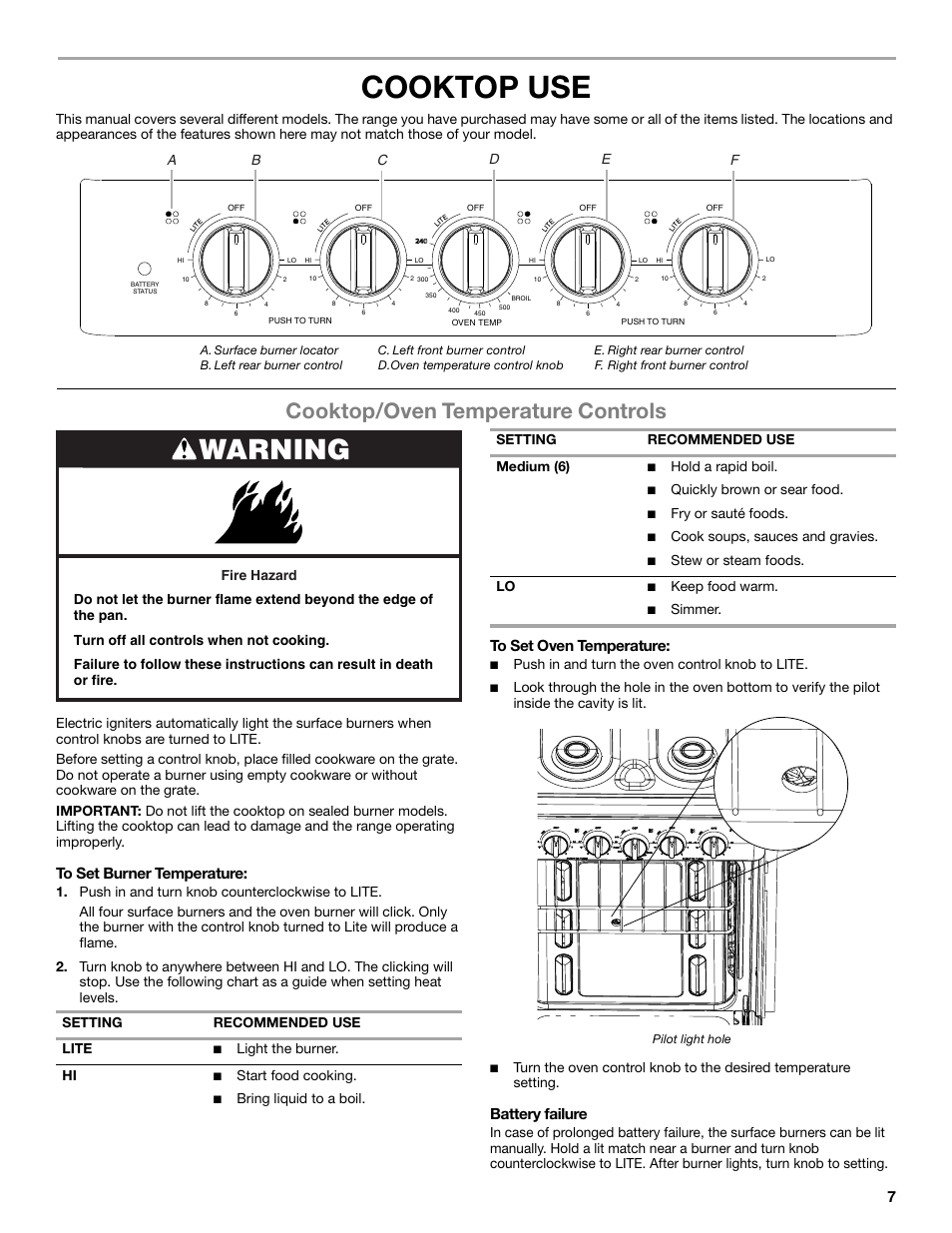 Cooktop use, Warning, Cooktop/oven temperature controls | Battery failure | Amana Gas Range W10531343A User Manual | Page 7 / 16