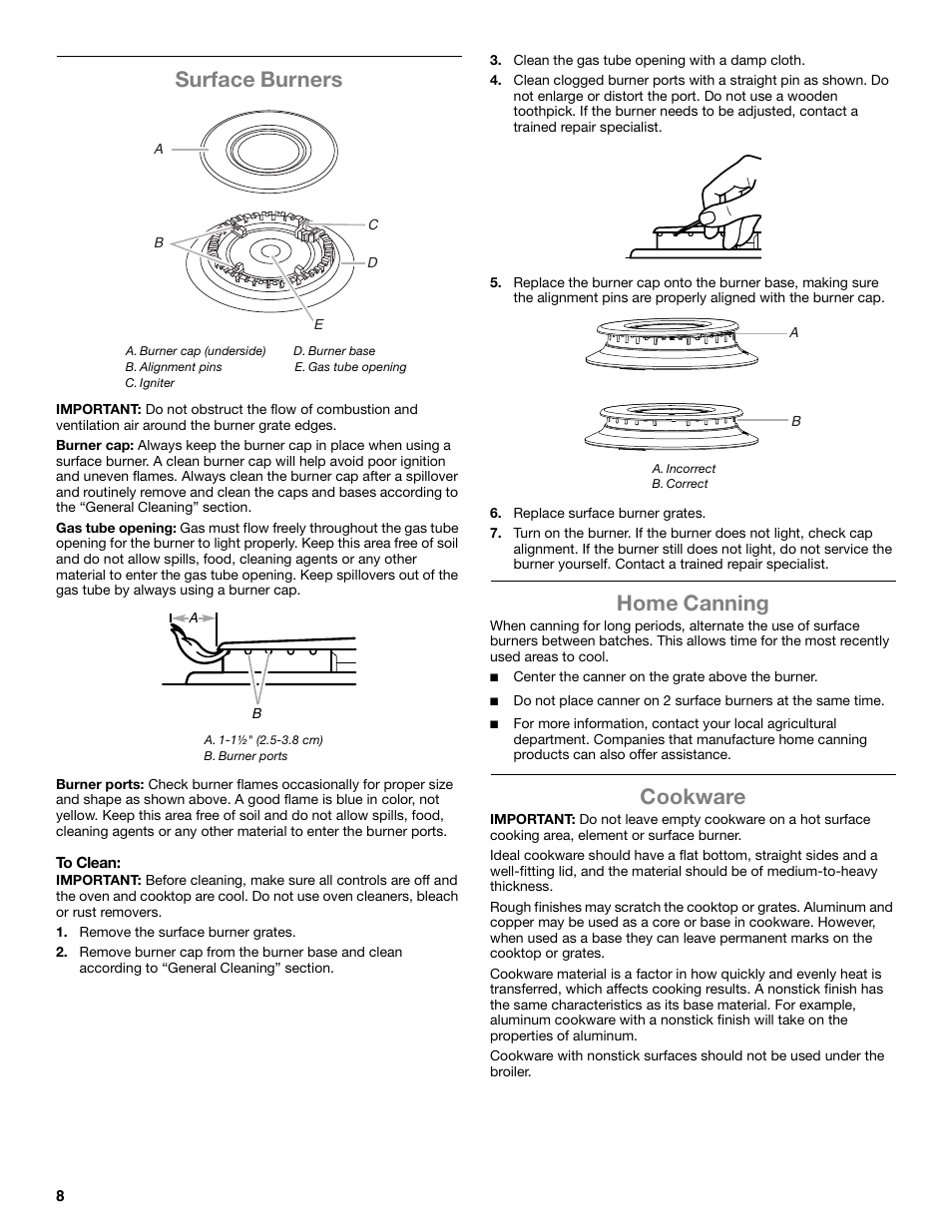 Surface burners, Home canning, Cookware | Amana Gas Range W10531343A User Manual | Page 8 / 16