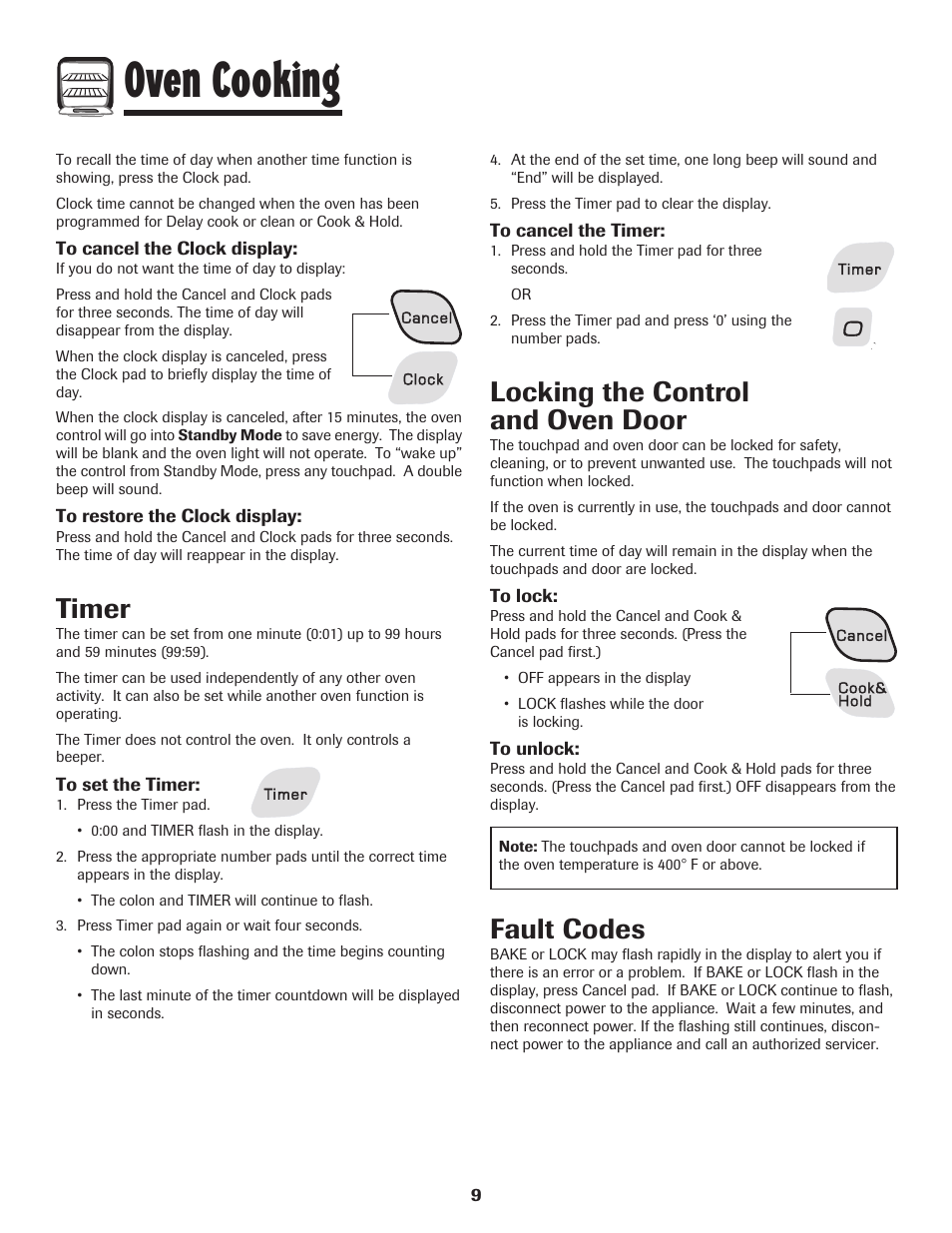 Oven cooking, Timer, Locking the control and oven door | Fault codes | Amana AGR5835QDW User Manual | Page 10 / 84