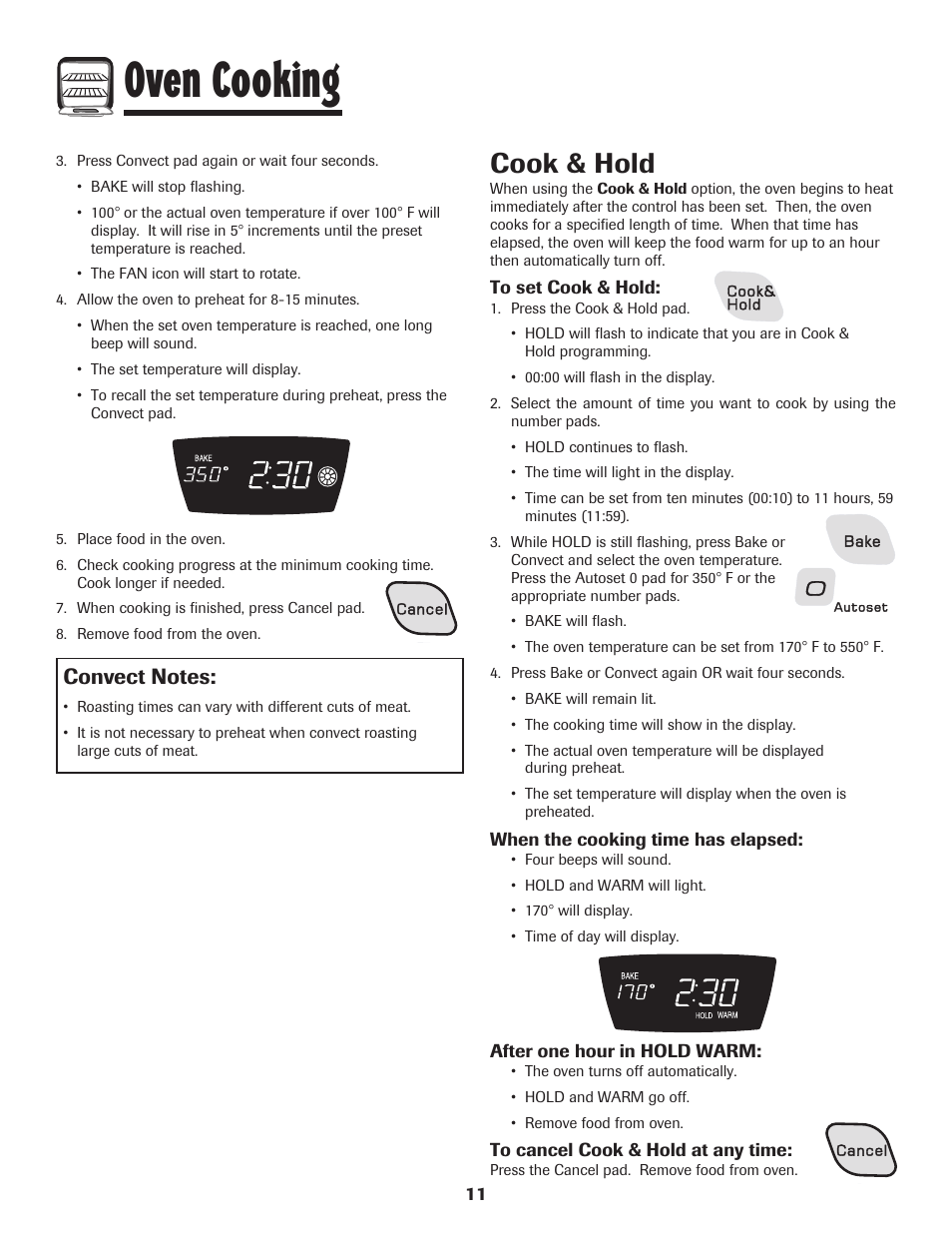 Oven cooking, Cook & hold | Amana AGR5835QDW User Manual | Page 12 / 84