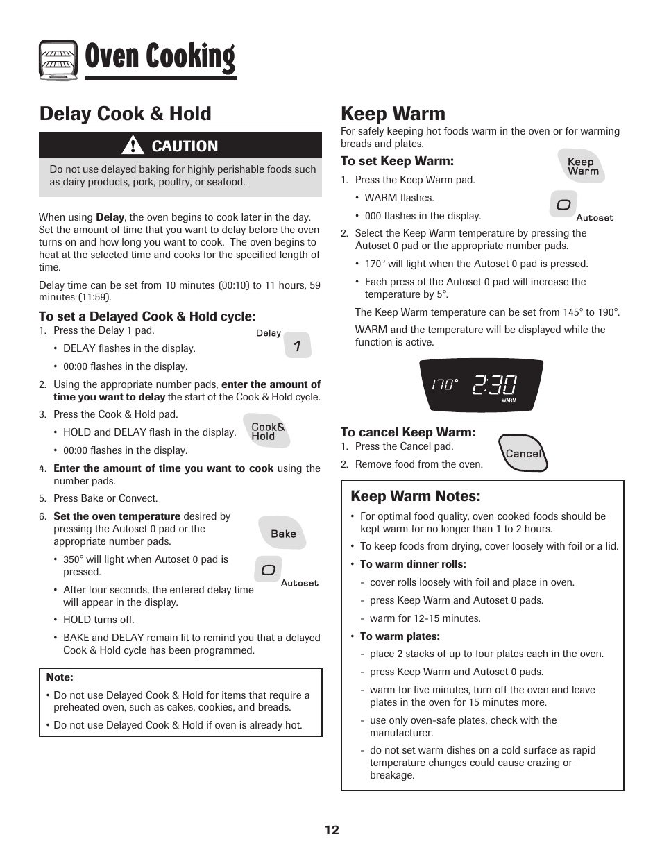 Oven cooking, Delay cook & hold, Keep warm | Caution | Amana AGR5835QDW User Manual | Page 13 / 84