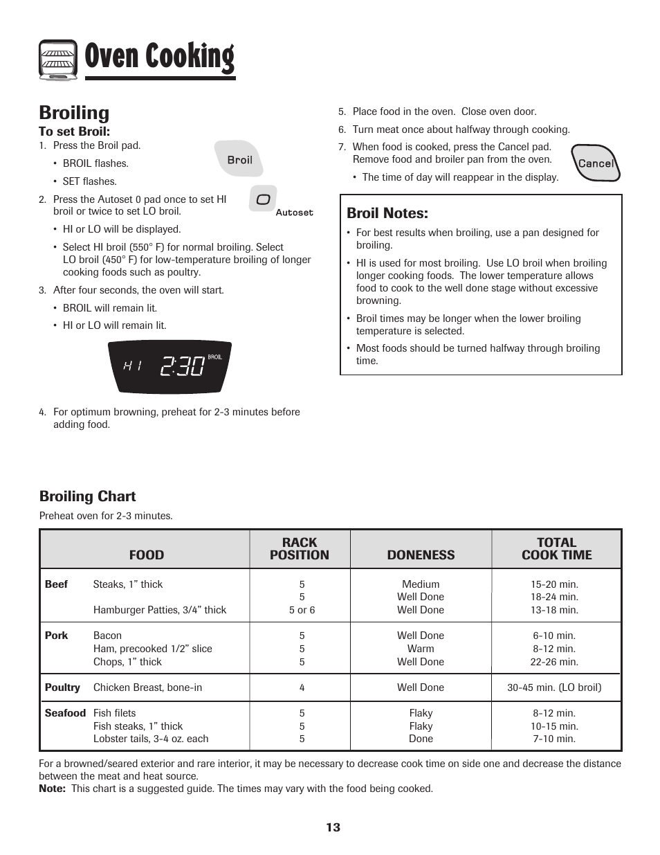 Oven cooking, Broiling, Broiling chart | Amana AGR5835QDW User Manual | Page 14 / 84