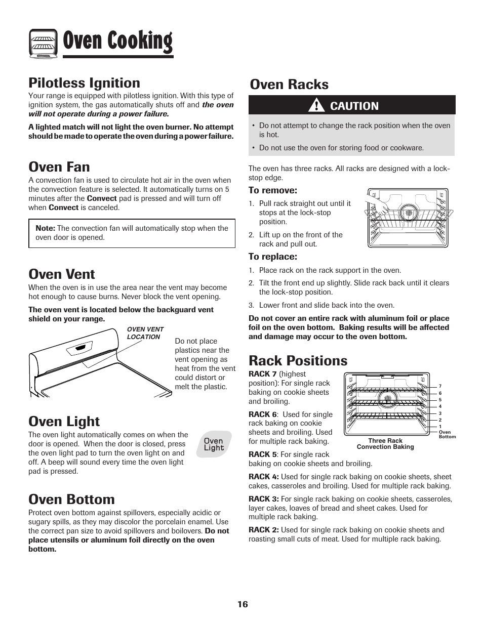 Oven cooking, Oven vent, Oven light | Oven bottom, Oven fan, Oven racks, Rack positions, Pilotless ignition, Caution | Amana AGR5835QDW User Manual | Page 17 / 84