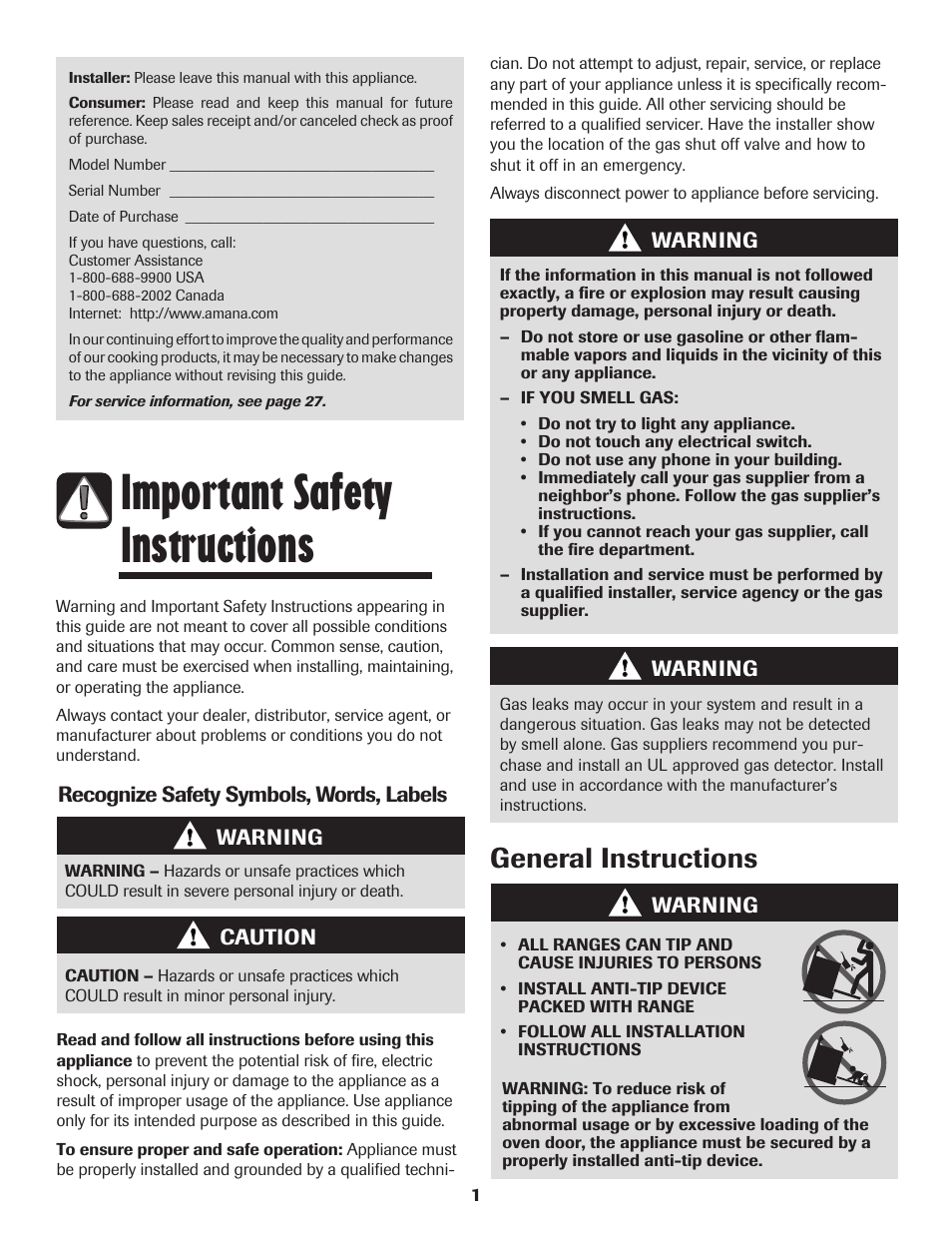 Important safety instructions, General instructions | Amana AGR5835QDW User Manual | Page 2 / 84