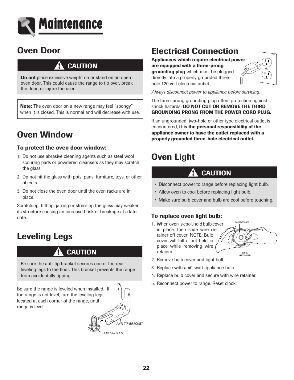 Maintenance, Oven door, Oven window | Electrical connection, Leveling legs, Oven light, Caution | Amana AGR5835QDW User Manual | Page 23 / 84