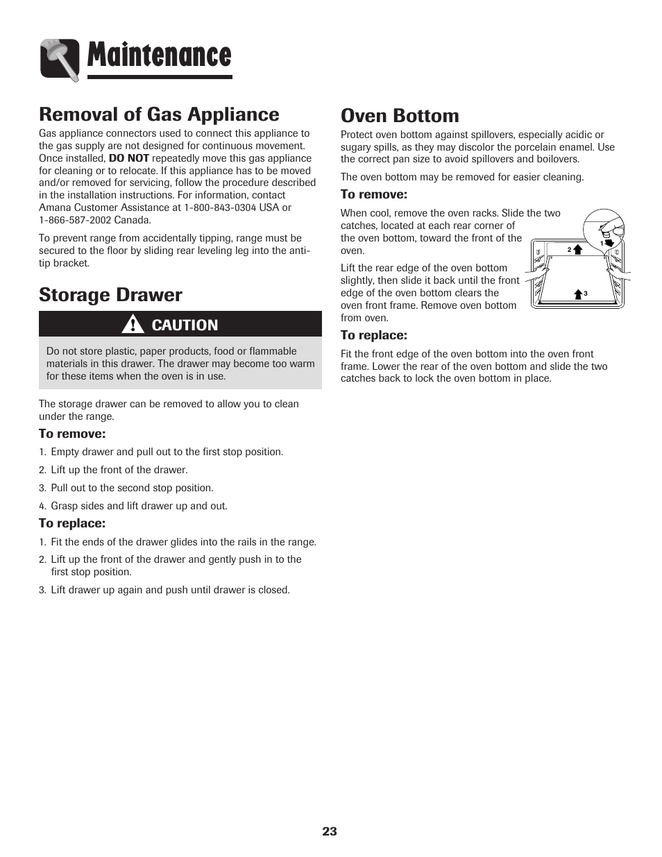 Maintenance, Storage drawer, Removal of gas appliance | Oven bottom | Amana AGR5835QDW User Manual | Page 24 / 84