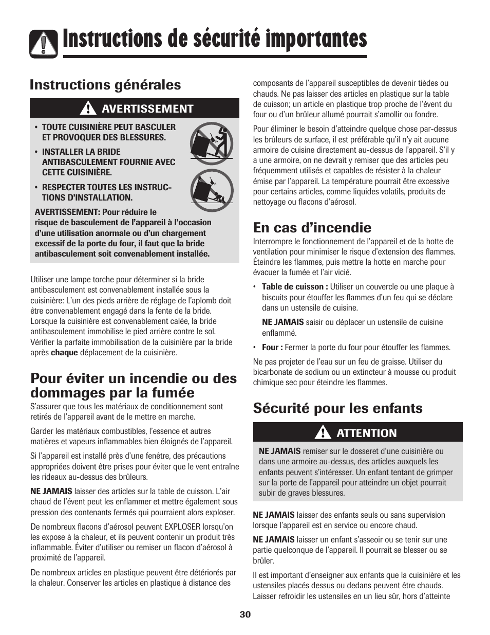 Instructions de sécurité importantes, Instructions générales, En cas d’incendie | Sécurité pour les enfants | Amana AGR5835QDW User Manual | Page 31 / 84