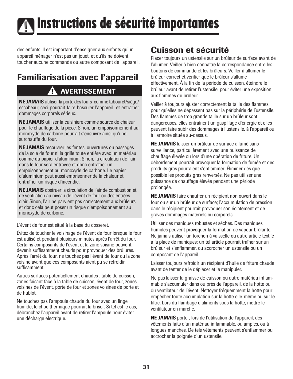 Instructions de sécurité importantes | Amana AGR5835QDW User Manual | Page 32 / 84