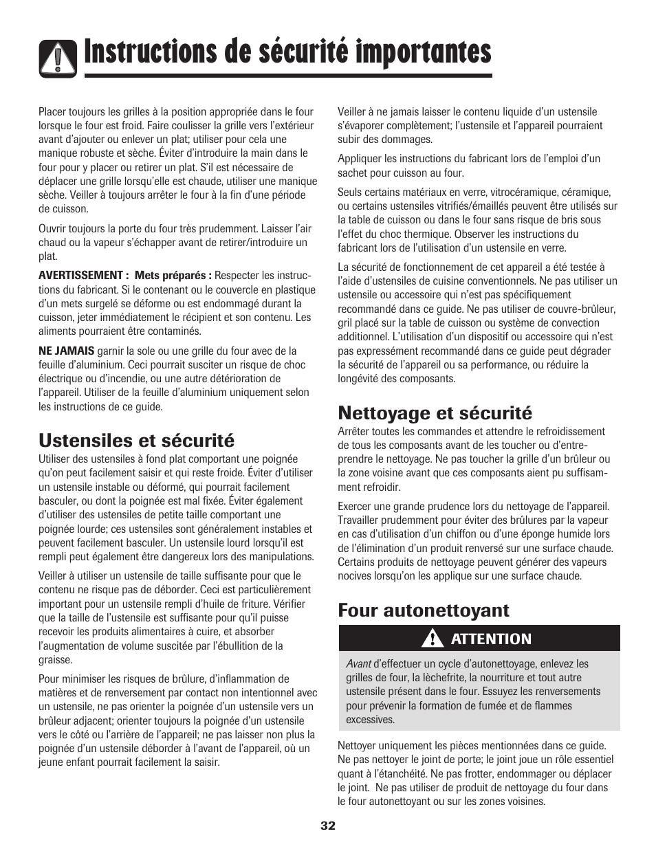 Instructions de sécurité importantes, Ustensiles et sécurité, Nettoyage et sécurité | Four autonettoyant | Amana AGR5835QDW User Manual | Page 33 / 84