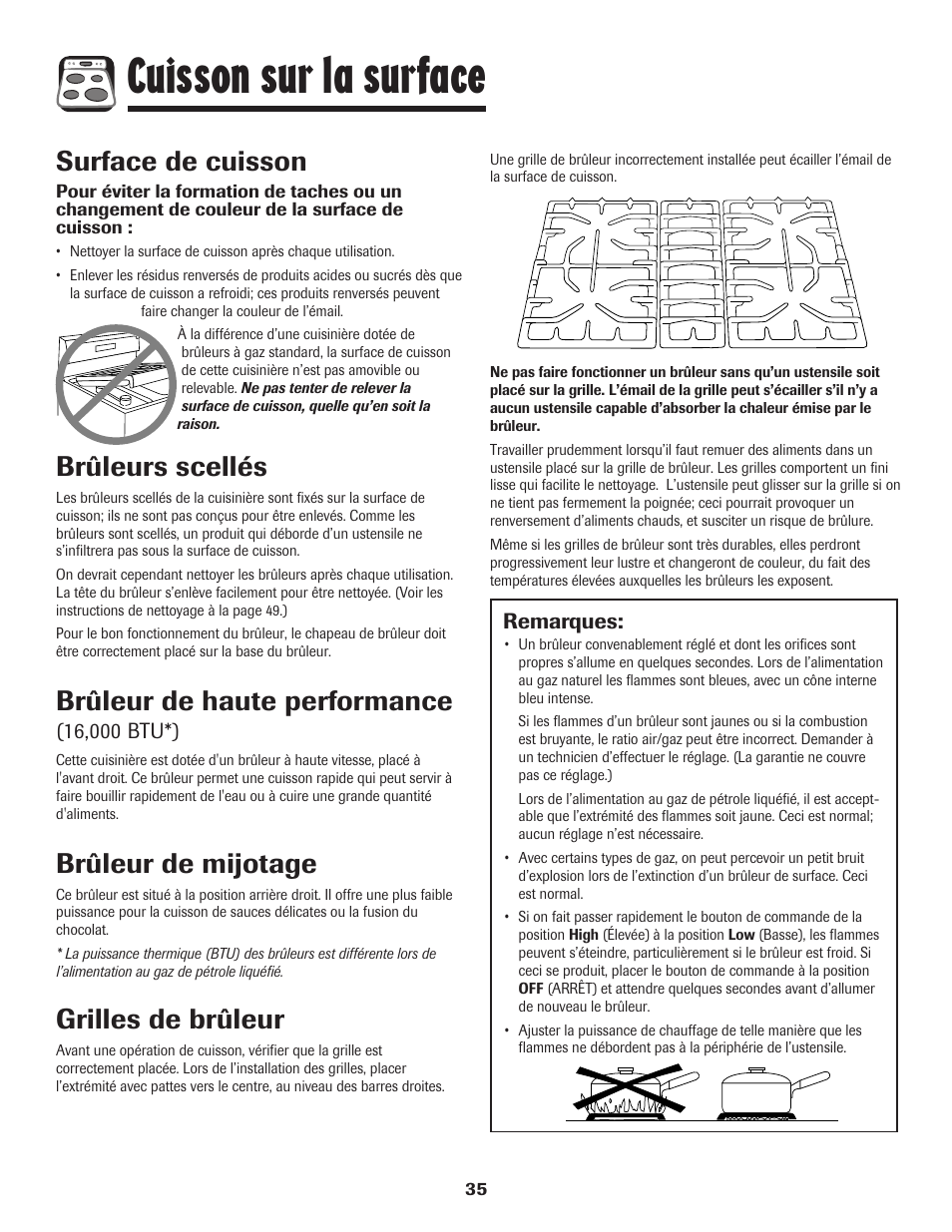 Cuisson sur la surface, Surface de cuisson, Grilles de brûleur | Brûleurs scellés, Brûleur de haute performance, Brûleur de mijotage | Amana AGR5835QDW User Manual | Page 36 / 84