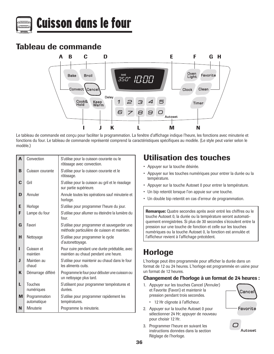 Cuisson dans le four, Tableau de commande, Utilisation des touches | Horloge | Amana AGR5835QDW User Manual | Page 37 / 84