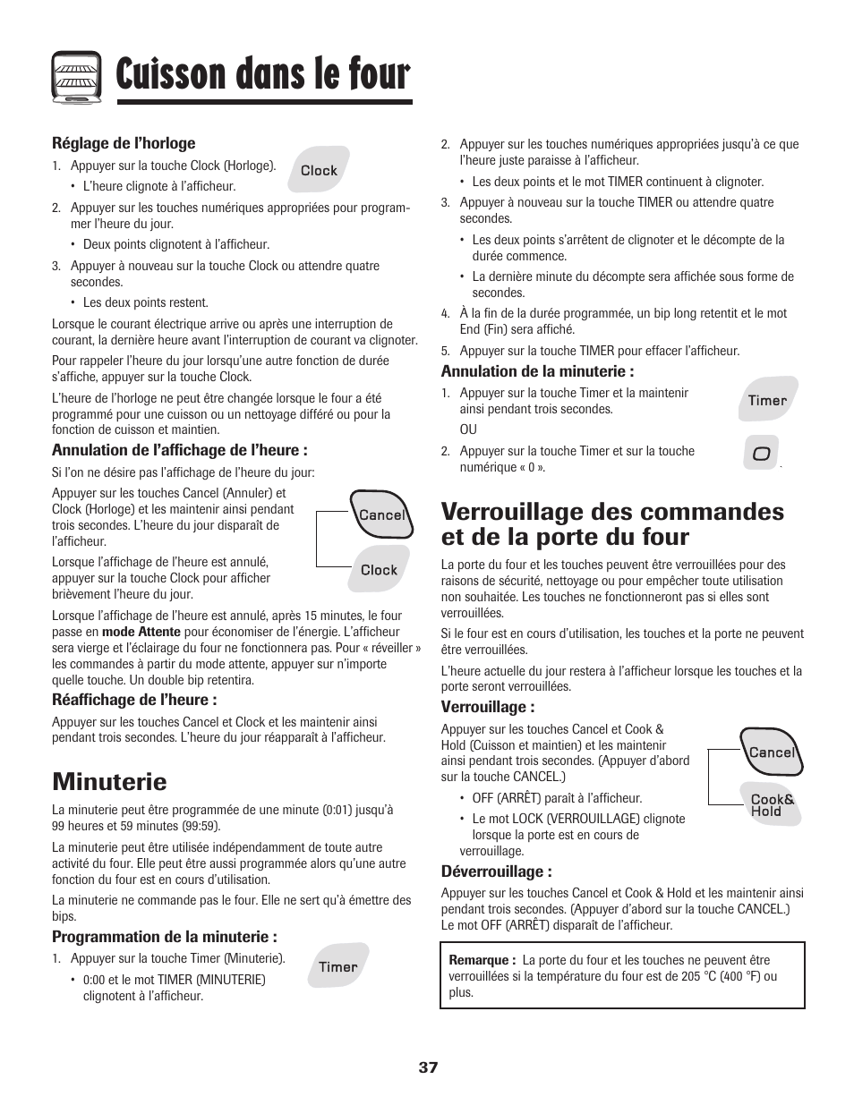 Cuisson dans le four, Minuterie, Verrouillage des commandes et de la porte du four | Amana AGR5835QDW User Manual | Page 38 / 84