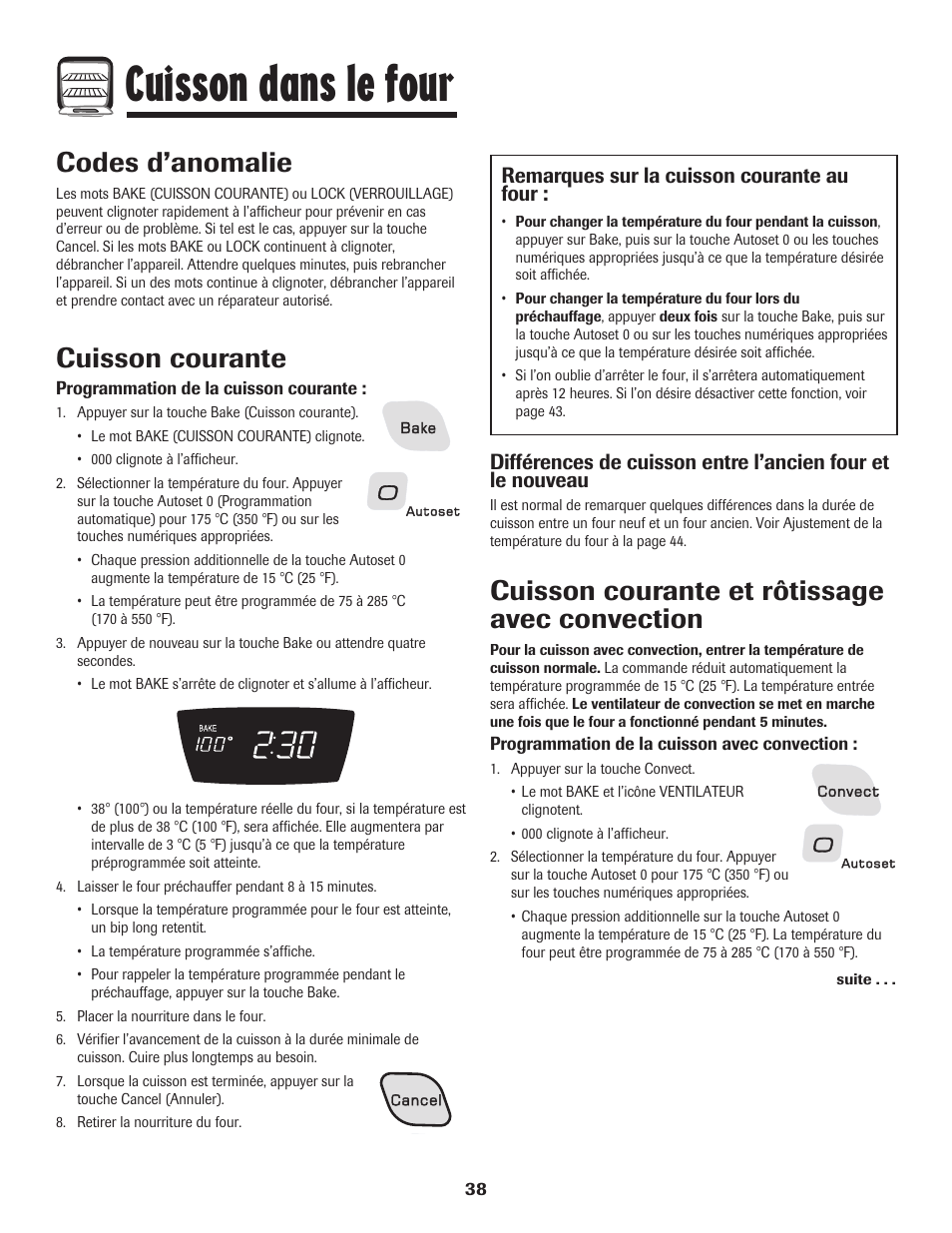 Cuisson dans le four, Codes d’anomalie, Cuisson courante | Cuisson courante et rôtissage avec convection, Remarques sur la cuisson courante au four | Amana AGR5835QDW User Manual | Page 39 / 84