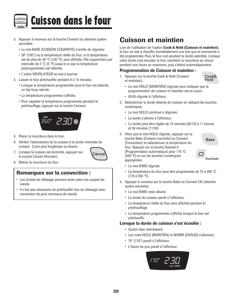 Cuisson dans le four, Cuisson et maintien, Remarques sur la convection | Amana AGR5835QDW User Manual | Page 40 / 84