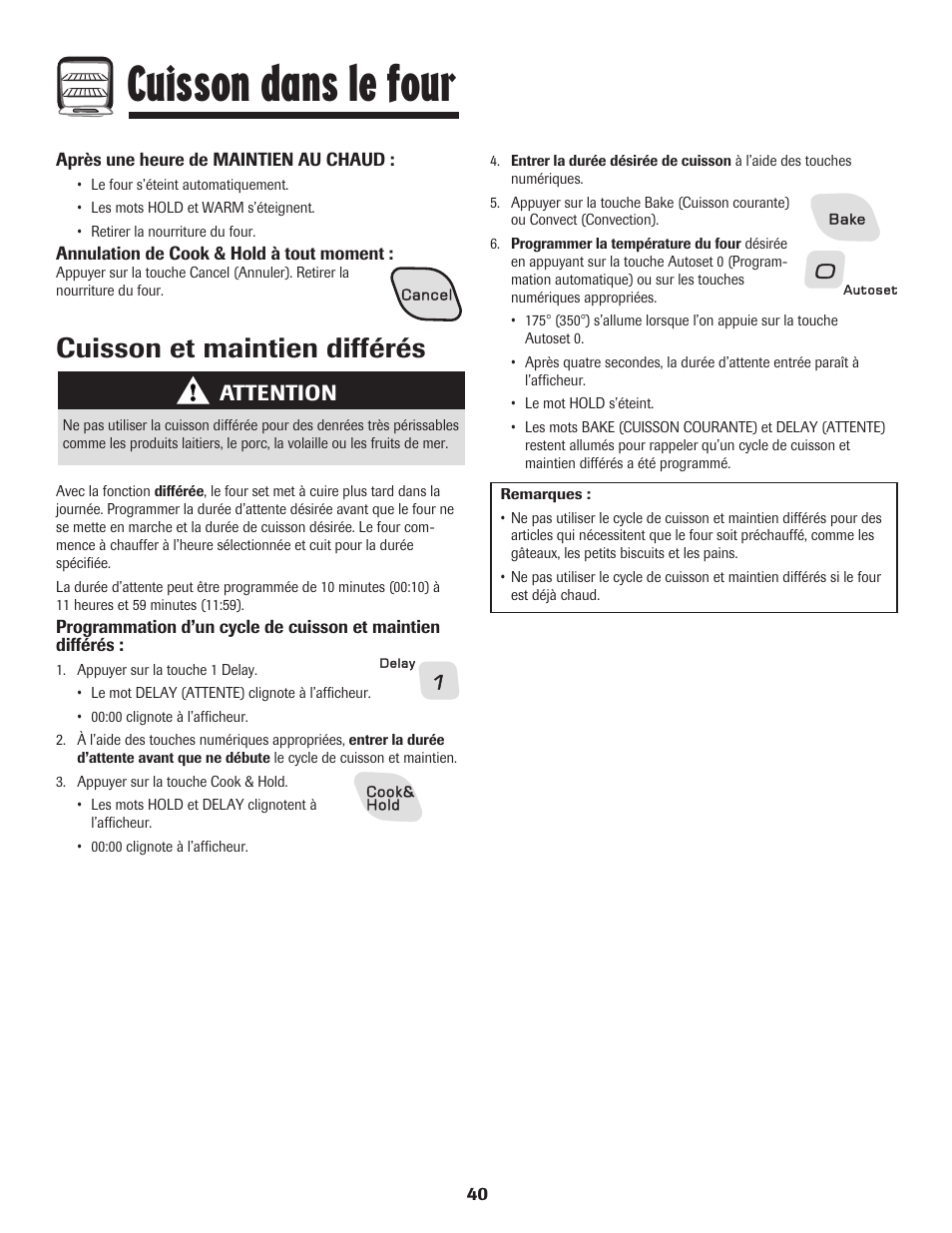 Cuisson dans le four, Cuisson et maintien différés, Attention | Amana AGR5835QDW User Manual | Page 41 / 84