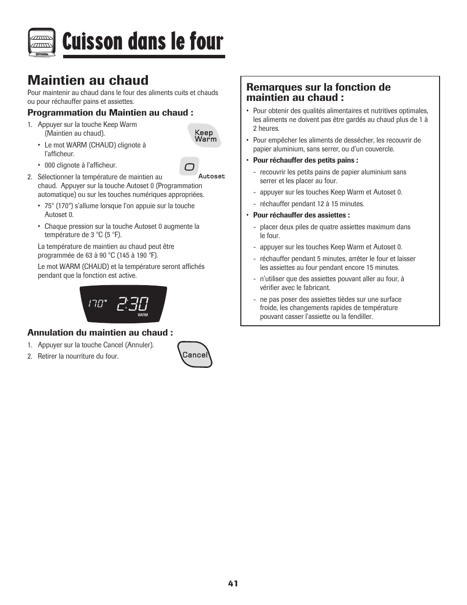 Cuisson dans le four, Maintien au chaud, Remarques sur la fonction de maintien au chaud | Amana AGR5835QDW User Manual | Page 42 / 84