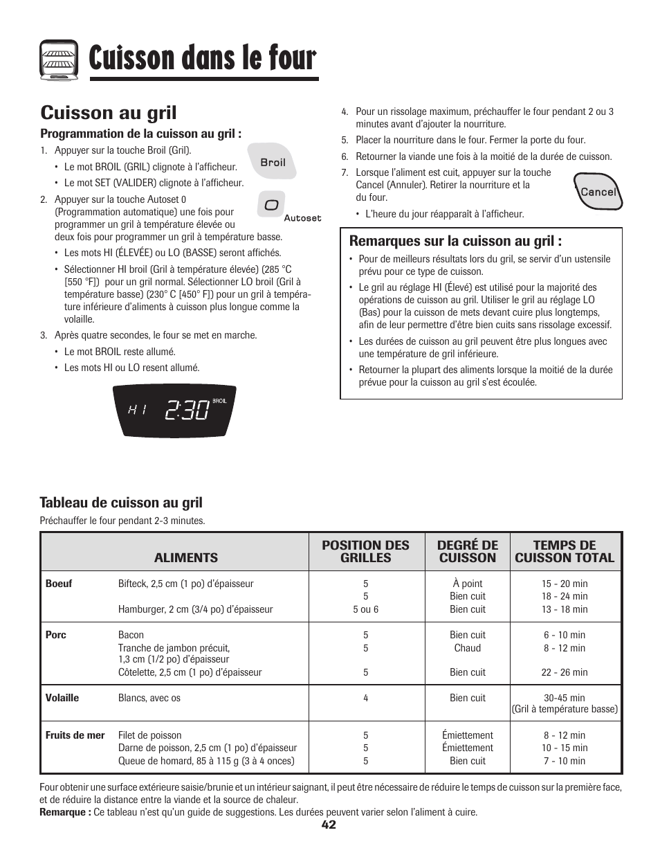 Cuisson dans le four, Cuisson au gril, Tableau de cuisson au gril | Remarques sur la cuisson au gril | Amana AGR5835QDW User Manual | Page 43 / 84