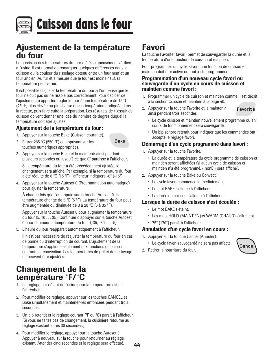 Cuisson dans le four, Favori, Ajustement de la température du four | Changement de la température | Amana AGR5835QDW User Manual | Page 45 / 84