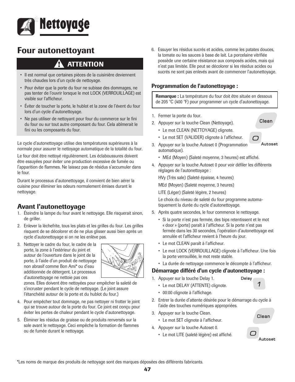 Nettoyage, Four autonettoyant, Attention | Avant l’autonettoyage | Amana AGR5835QDW User Manual | Page 48 / 84