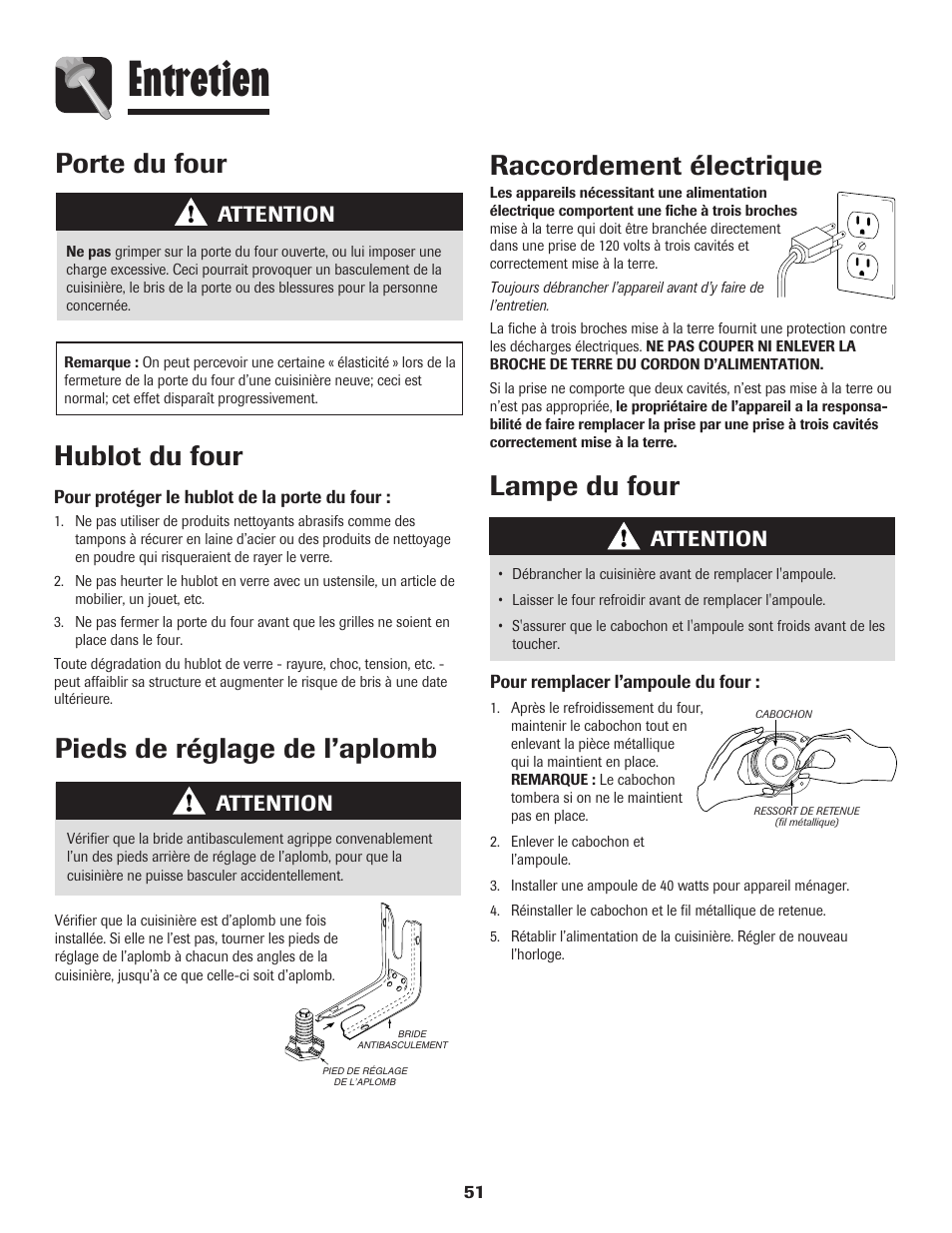 Entretien, Porte du four, Hublot du four | Lampe du four raccordement électrique, Pieds de réglage de l’aplomb, Attention | Amana AGR5835QDW User Manual | Page 52 / 84