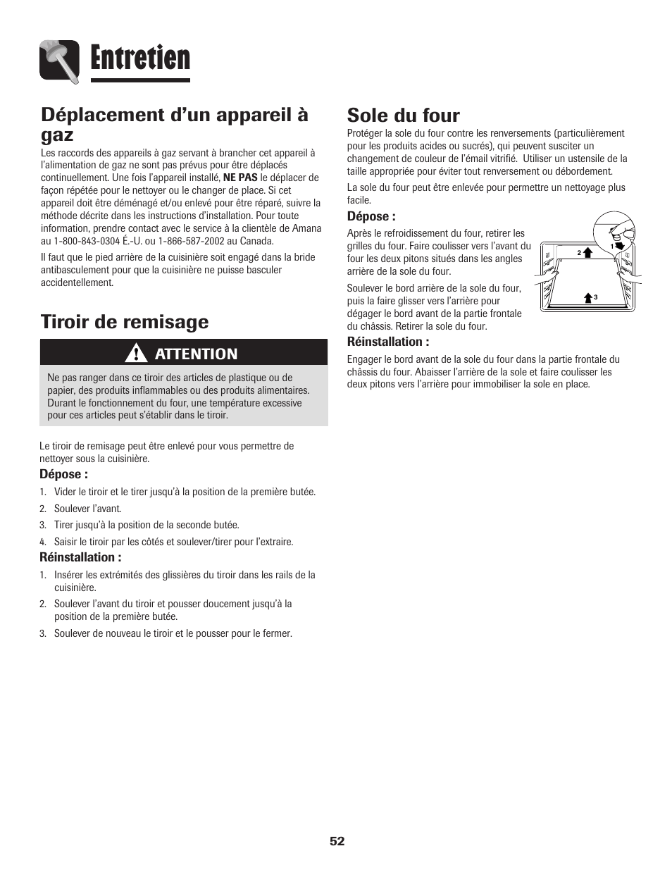 Entretien, Tiroir de remisage déplacement d’un appareil à gaz, Sole du four | Attention | Amana AGR5835QDW User Manual | Page 53 / 84