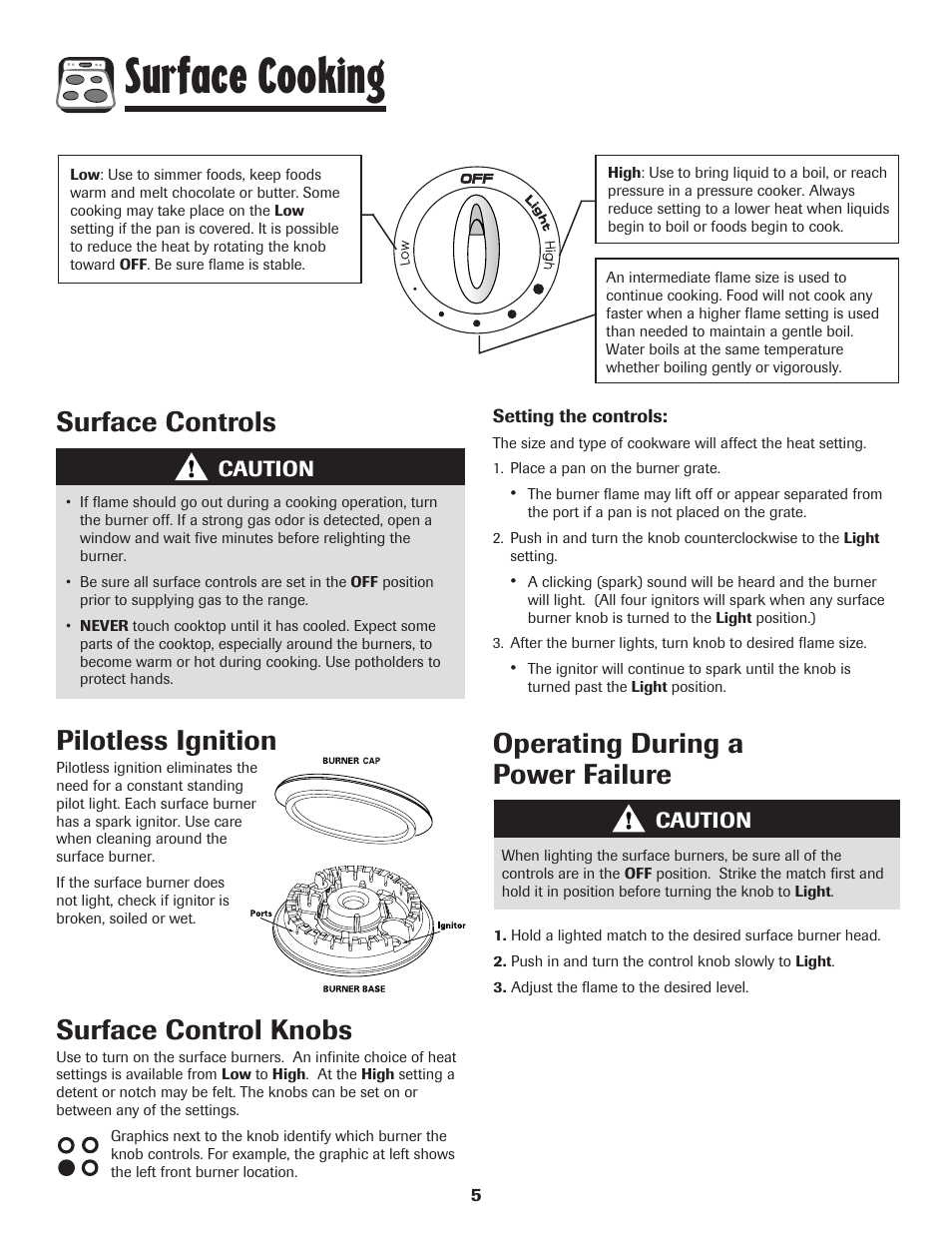 Surface cooking, Surface controls pilotless ignition | Amana AGR5835QDW User Manual | Page 6 / 84