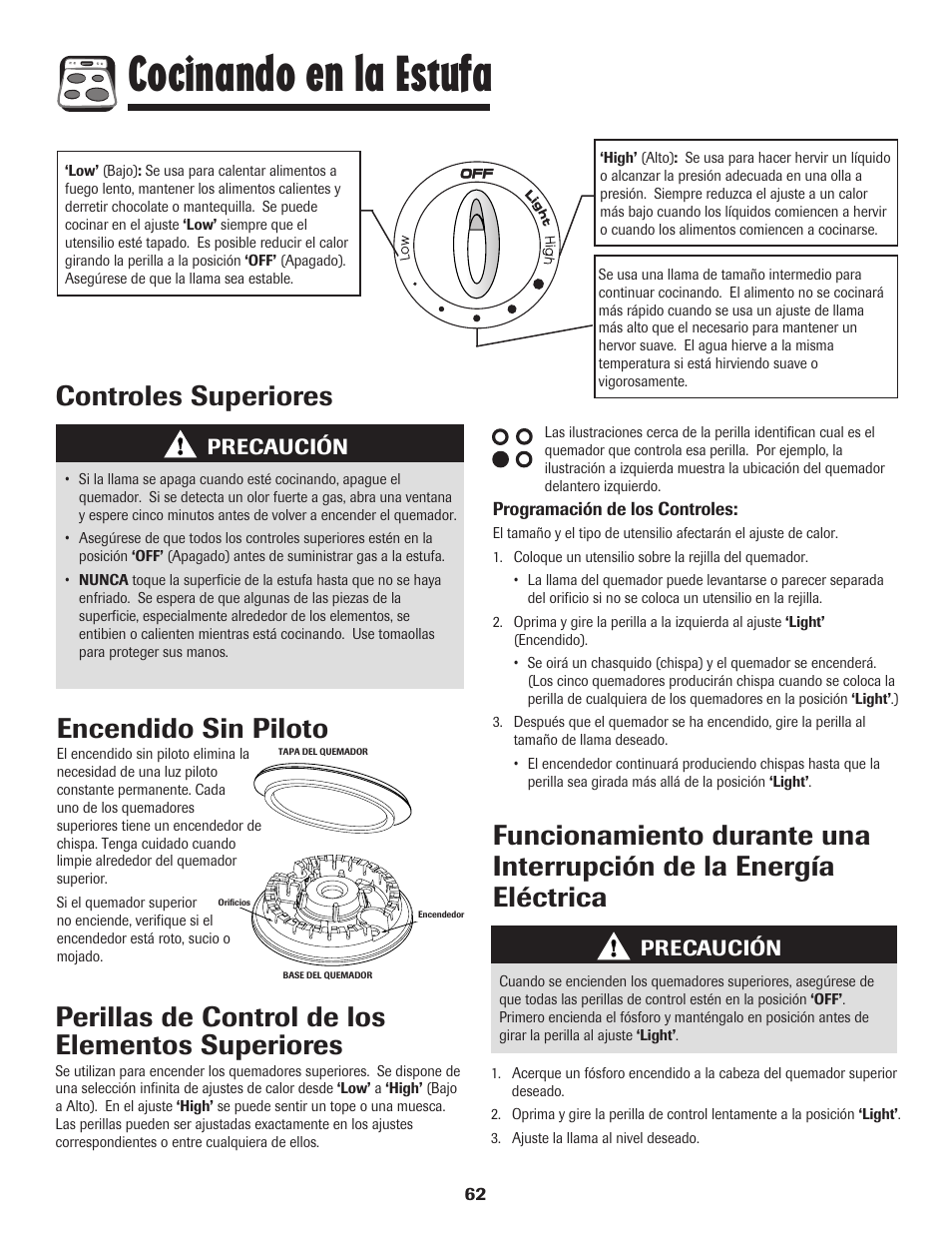 Cocinando en la estufa, Controles superiores encendido sin piloto, Precaución | Amana AGR5835QDW User Manual | Page 63 / 84