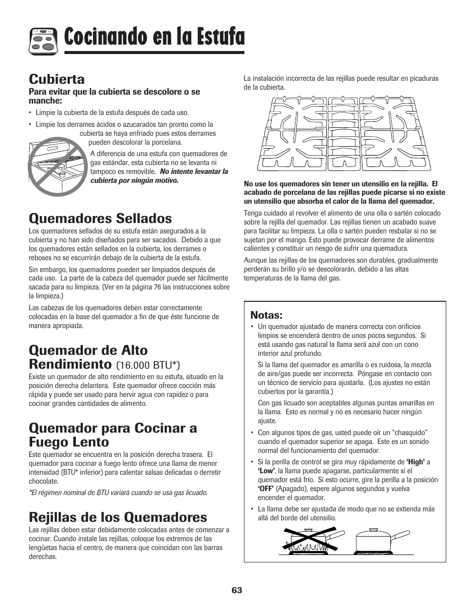 Cocinando en la estufa, Cubierta, Quemadores sellados | Quemador de alto rendimiento, Quemador para cocinar a fuego lento, Rejillas de los quemadores | Amana AGR5835QDW User Manual | Page 64 / 84