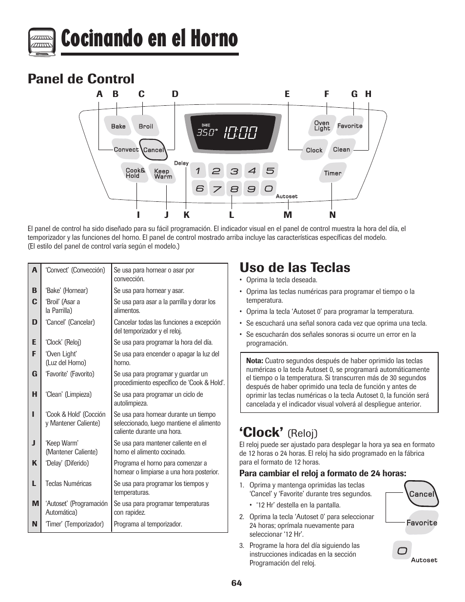 Cocinando en el horno, Panel de control, Uso de las teclas | Clock, Reloj) | Amana AGR5835QDW User Manual | Page 65 / 84