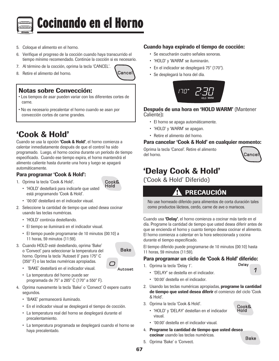 Cocinando en el horno, Cook & hold, Delay cook & hold | Cook & hold’ diferido), Notas sobre convección, Precaución | Amana AGR5835QDW User Manual | Page 68 / 84