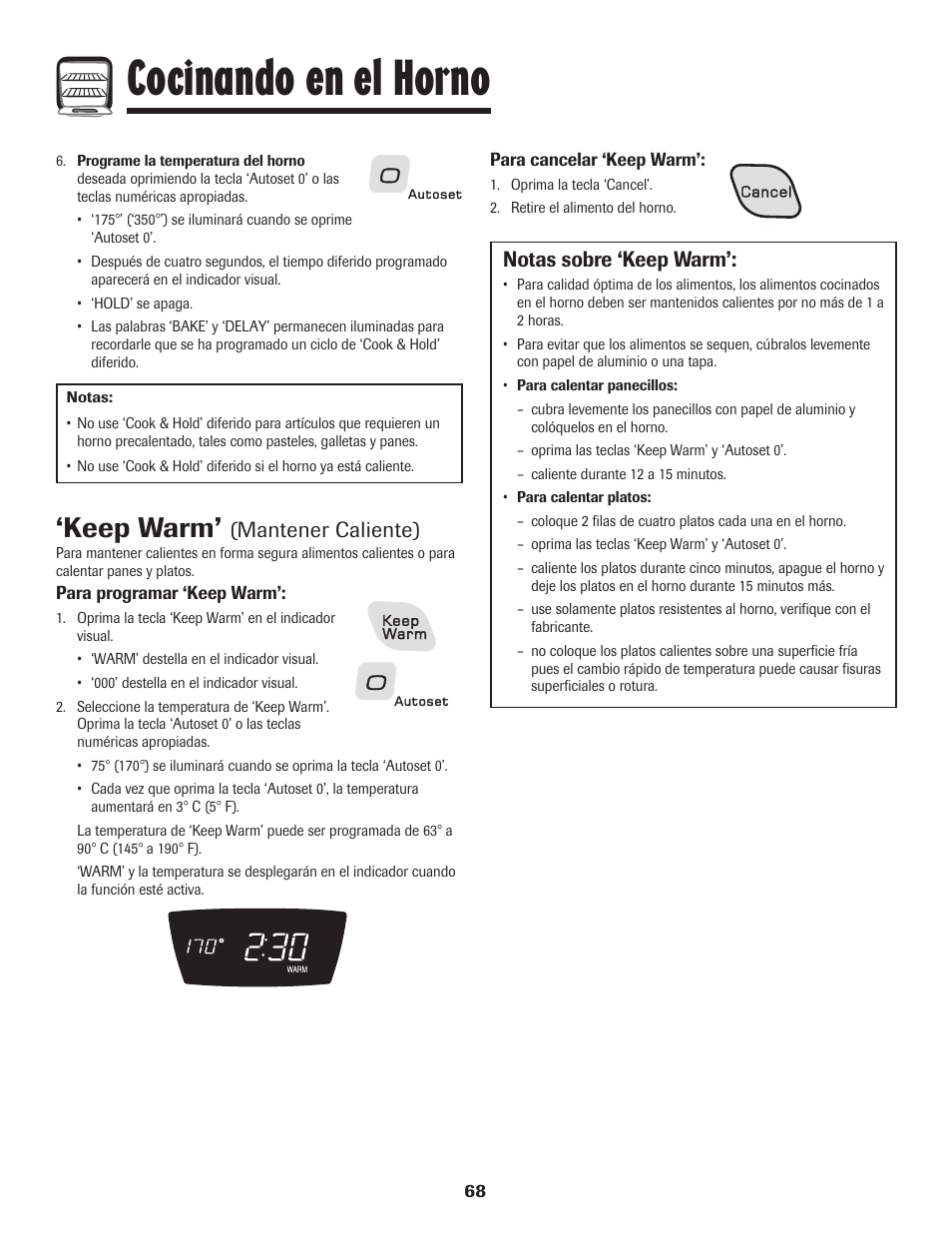 Cocinando en el horno, Keep warm, Mantener caliente) | Notas sobre ‘keep warm | Amana AGR5835QDW User Manual | Page 69 / 84