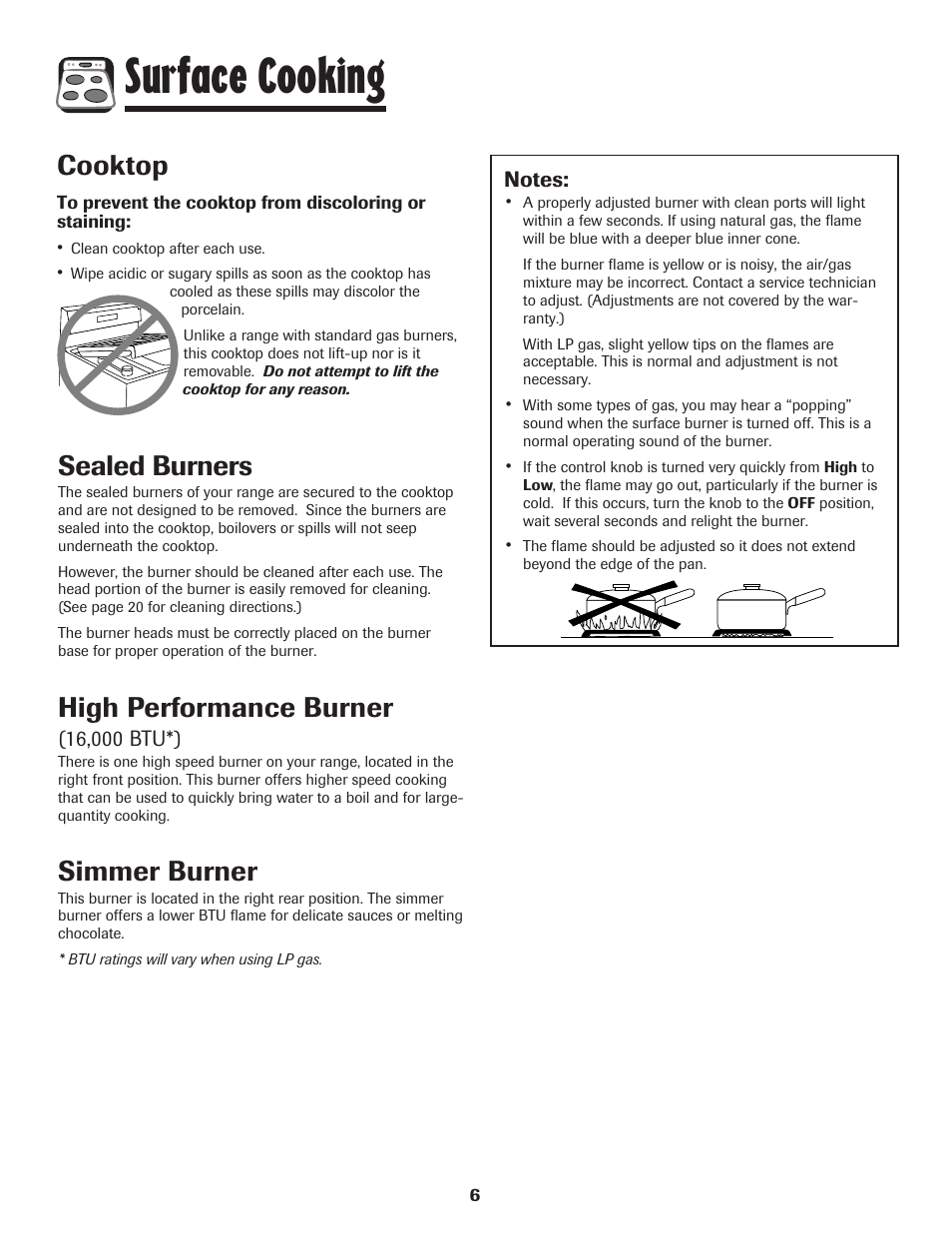 Surface cooking, Cooktop, Sealed burners | High performance burner, Simmer burner | Amana AGR5835QDW User Manual | Page 7 / 84